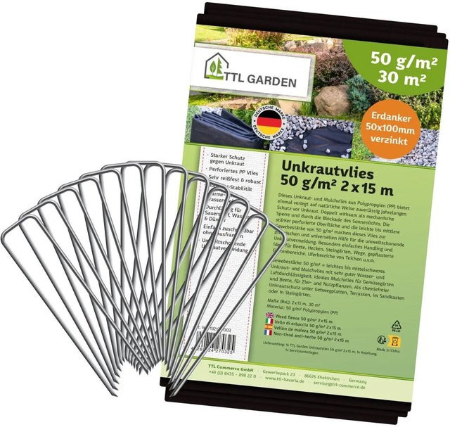 TTL GARDEN Unkrautvlies Schwarz 2 x 15 m, 30 m² mit 50 Erdankern 100 mm, UV-stabiles Mulchvlies 50g/m² für Garten und Beete - Bild 1