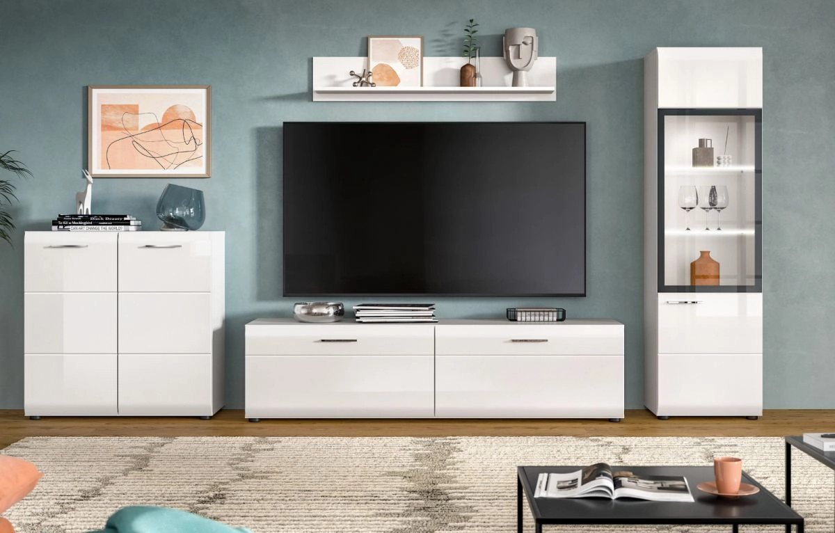 Wohnwand Inn.Furn in Weiß Hochglanz mit Vitrine, Lowboard und Regalen, Breite: 315 cm, Höhe: 160 cm - Bild 2