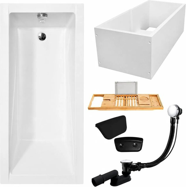 KOLMAN Badewanne KODI Rechteck aus Acryl in Weiß mit Wannenträger, Bambus-Badewannenablage, Kopfstütze, Ablauf und Füßen, B/T: 130 x 70 cm - Bild 1