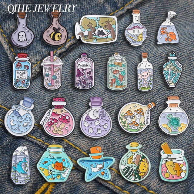 QIHE JEWELRY Brosche Pilz Katze Flasche Emaille, Kinder - Bild 1