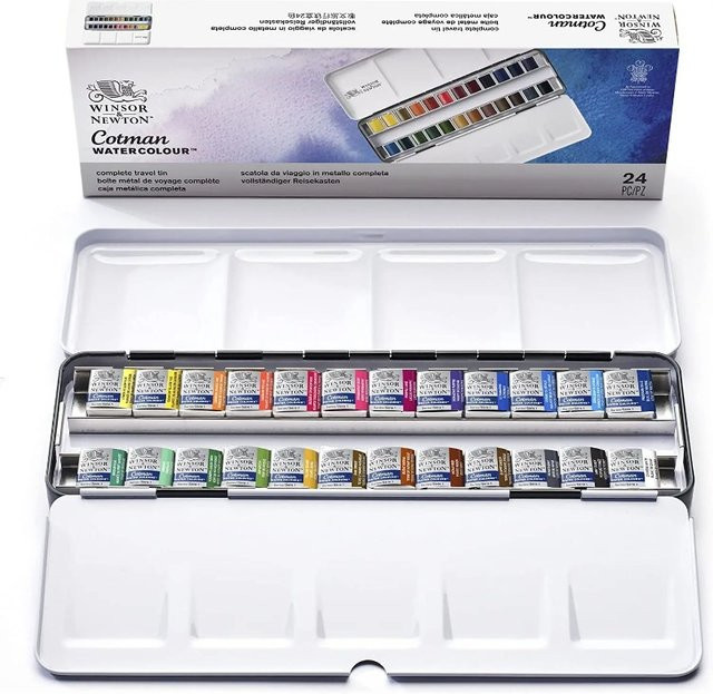 Winsor & Newton Cotman Aquarellfarben-Set in der Metallbox mit 24 halben Pfannen in Multicolour für Künstler - Bild 1