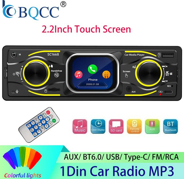 BQCC 1DIN Auto-MP3-Player mit Bluetooth, FM-Radio, AUX-Eingang, TF-Karte und Typ-C-Ladung in Schwarz mit 7-Farben-Ambientebeleuchtung - Bild 1