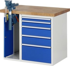 Rau Werkbank 7511A2 mit 5 Schubladen, Schraubstock und höhenverstellbarer Arbeitsfläche, B/T/H: 100 x 70 x 89 cm, Mehrfarbig - Bild 1