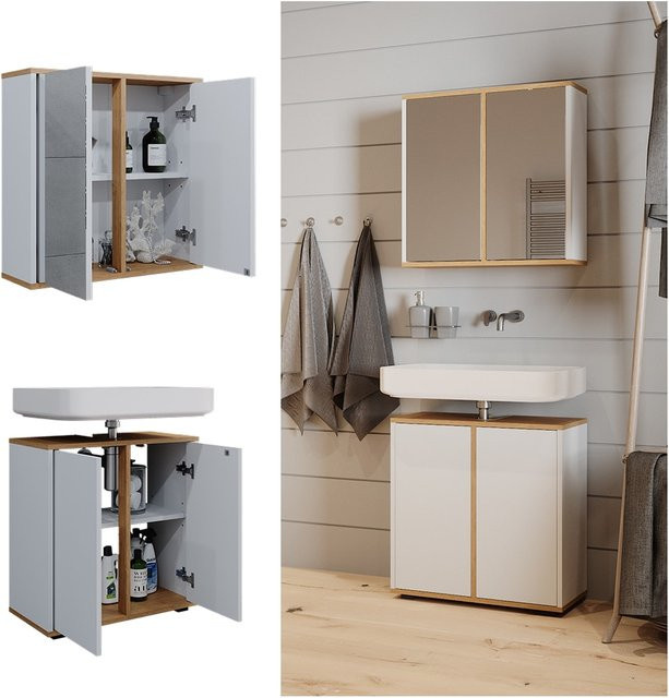 Vicco Badmöbel-Set Didi in Weiß und Eiche, 2-teilig bestehend aus Badspiegelschrank und Waschbeckenunterschrank mit Breite: 60 cm - Bild 1