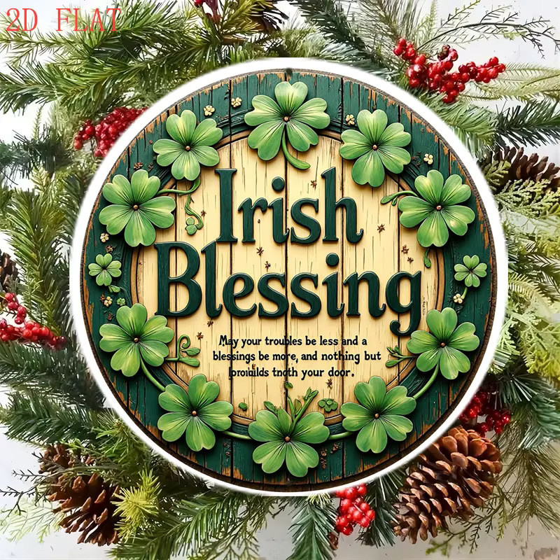 Potdemiel Irish Blessing Good Luck Wanddekoration mit Kleeblatt-Blumenmotiv in Grün und Blaugrün, rundes Metallschild, Durchmesser: 20 cm - Bild 6