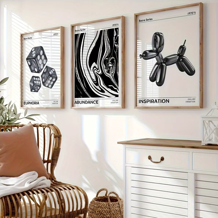 Potdemiel 3-teiliges Wandkunst-Set aus Leinwand mit abstrakten Hunde-Motiven im Art-Deco-Stil, Schwarz, Rahmenlos - Bild 5