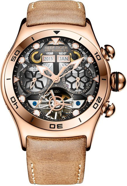 Reef Tiger Herrenuhr, Automatik, Roségold, Leder, Schwarz - Bild 1