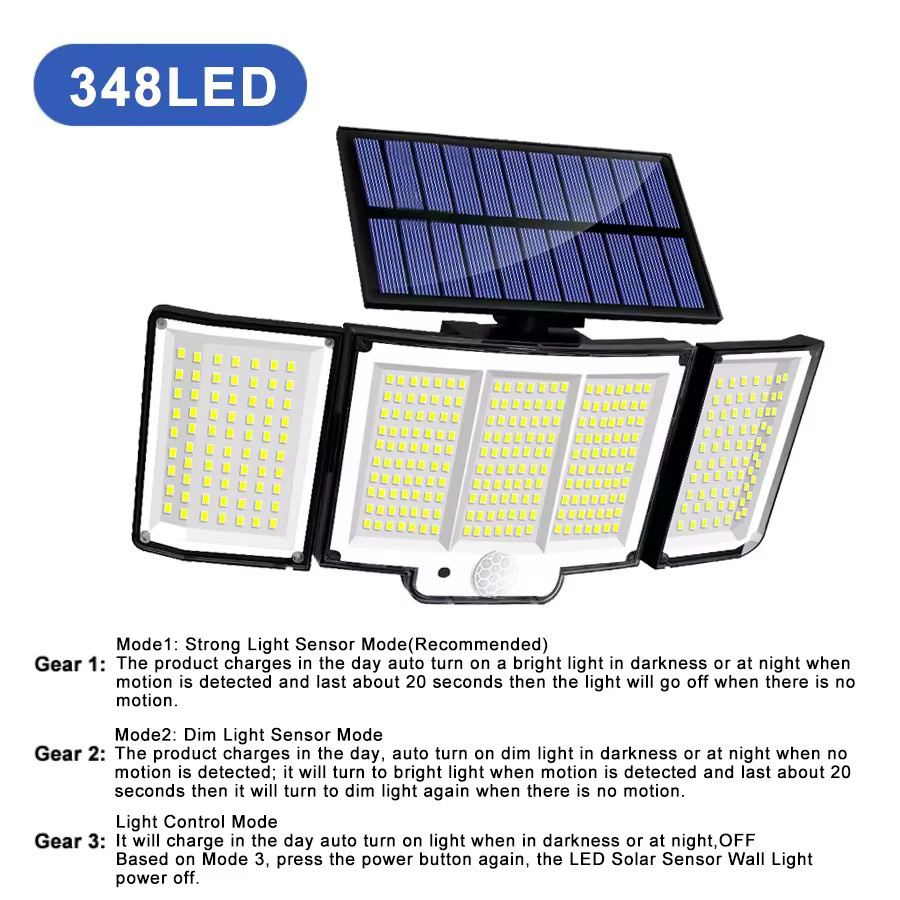 Solar-Außenleuchten mit 348 LED und Bewegungssensor, IP65 wasserdicht, weiße Sicherheitsleuchten mit Fernbedienung und 2400mAh Akku, verstellbare 3-Kopf-Flutlichtleuchten für den Garten - Bild 7