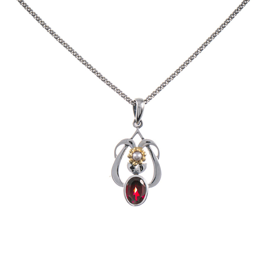 Anhänger mit Kette 925 Silber, geschwärzt, Granat, Perle, Unisex - Bild 1