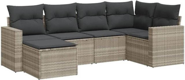vidaXL 6-tlg Garten-Sofagarnitur L-Form aus Poly-Rattan in Hellgrau mit Kissen und pulverbeschichtetem Stahlgestell - Bild 1