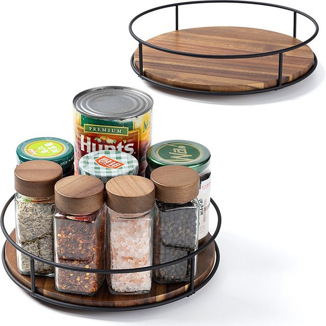 LMETJMA Lazy Susan Drehteller aus Akazienholz mit Metallrahmen in Braun, runder Organizer für die Küche und Serviertablett - Bild 1