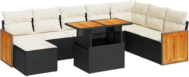 vidaXL 9-teilige Garten-Sofagarnitur aus Poly-Rattan und Akazienholz in Schwarz-Creme mit Kissen - Bild 1