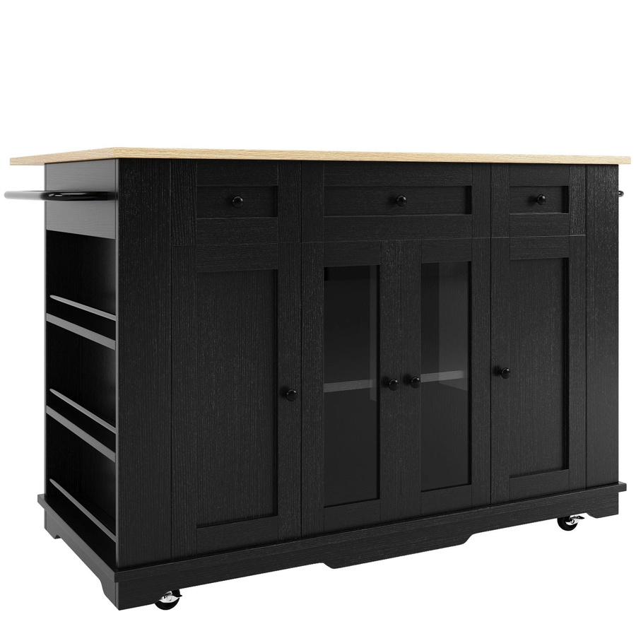 okwish Kücheninsel in Schwarz mit Glastür, Arbeitsplatte und Stauraum, B/T/H: 151 x 85 x 91 cm - Bild 2