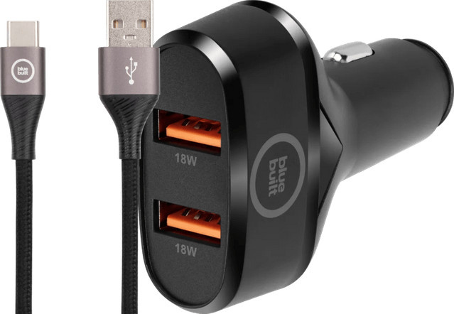BlueBuilt Quick-Charge-Autoladegerät 18 W Schwarz mit USB-C-Kabel 1,5 m aus Nylon in Schwarz - Bild 1