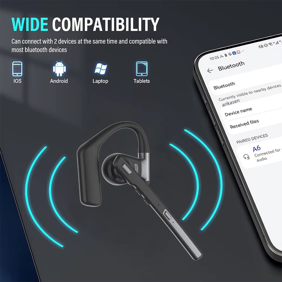 arikasen Bluetooth-Headset V6.0 mit Geräuschunterdrückung und zwei Mikrofonen in Schwarz inklusive Ladeetui - Bild 3