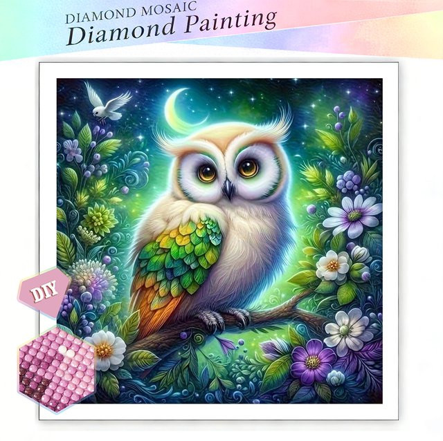 EverShine Diamant-Gemälde Eule und Mond DIY-Stickerei als Mosaik-Kunsthandwerk in Multicolour, rund, Durchmesser: 20 cm - Bild 1