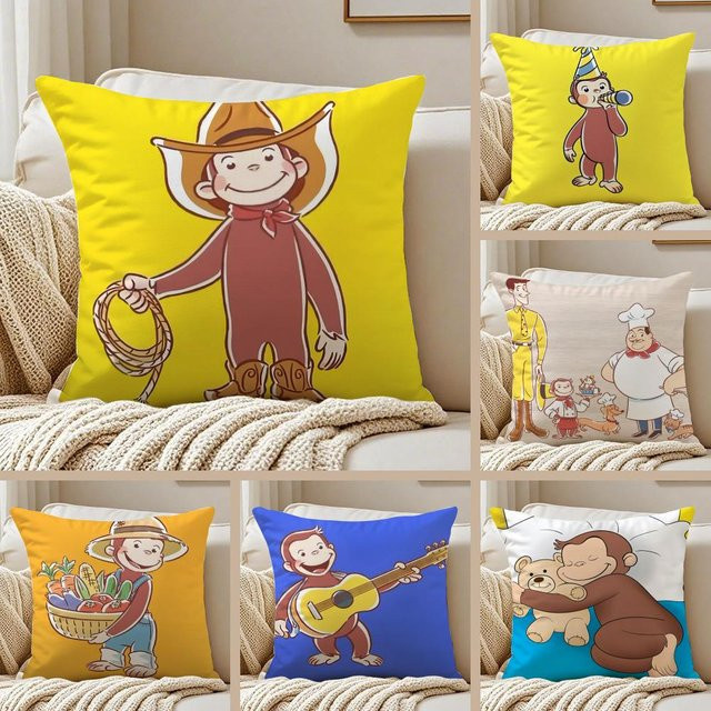 G-george The Curious Monkey Kissenbezug aus weichem Plüsch in Weiß und Gelb, quadratisch, B/B: 30 x 30 cm - Bild 1