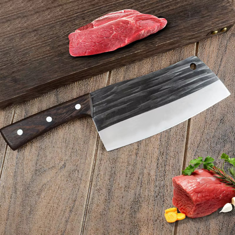 InLeung Handgeschmiedetes Küchenmesser Cleaver aus Silberfarbenem Stahl mit Holzgriff - Bild 4