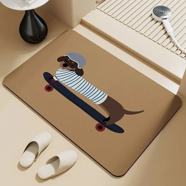 VIKAMA Badezimmermatte Sausage Dog mit Skateboarding-Motiv, rutschfest und schnell trocknend, mehrfarbig - Bild 1