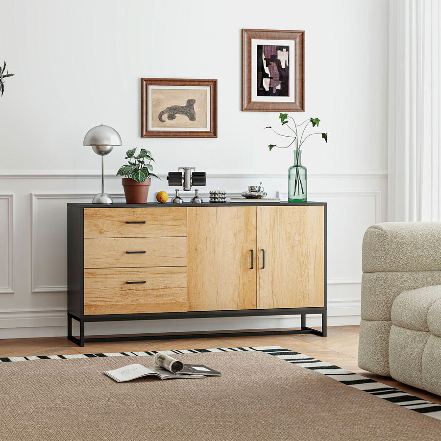 HOMCOM Buffet Aufbewahrungsschrank in Naturholz mit 3 Schubladen und verstellbarem Regal, Farbe: Braun, B/T/H: 140 x 35 x 75 cm - Bild 2