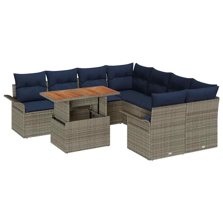 vidaXL Gartensofa-Set aus Poly-Rattan mit 9 Kissen in Grau und Marineblau inklusive Gartentisch und Akazienholz-Elementen - Bild 2