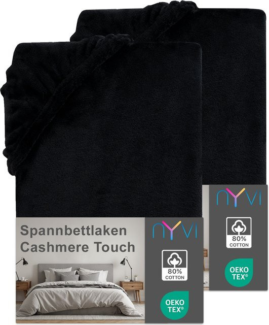 NYVI DreamScience Cashmere Touch Spannbettlaken aus Polyester Mikrofaser, 2er Pack, Farbe: schwarz, für Matratzenhöhe bis 22 cm - Bild 1