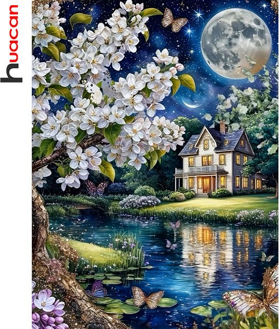 Huacan Diamantmalerei Mondhaus mit Blumen als Landschafts-Diamantstickerei in Multicolour, B/H: 30 x 20 cm - Bild 1