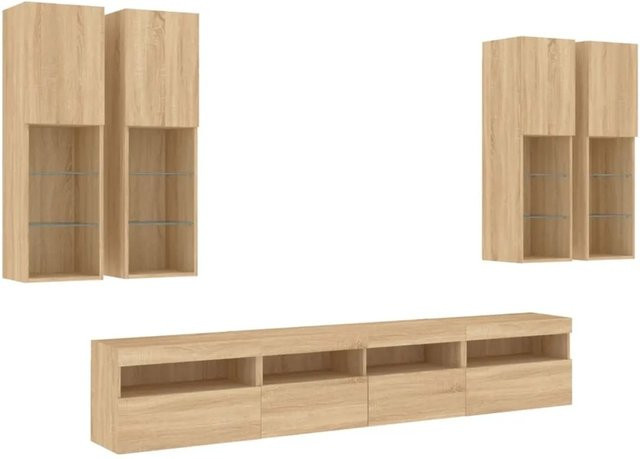 vidaXL 7-teilige moderne TV-Wohnwand mit LED-Beleuchtung in Sonoma-Eiche, Wandmontage - Bild 1