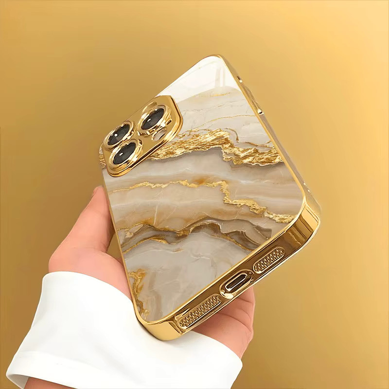 Handyhülle aus Glas mit Gold Marmor Stein Muster und Metallic Effekt für iPhone 11 bis iPhone 17 Pro Max und Air Modelle - Bild 2