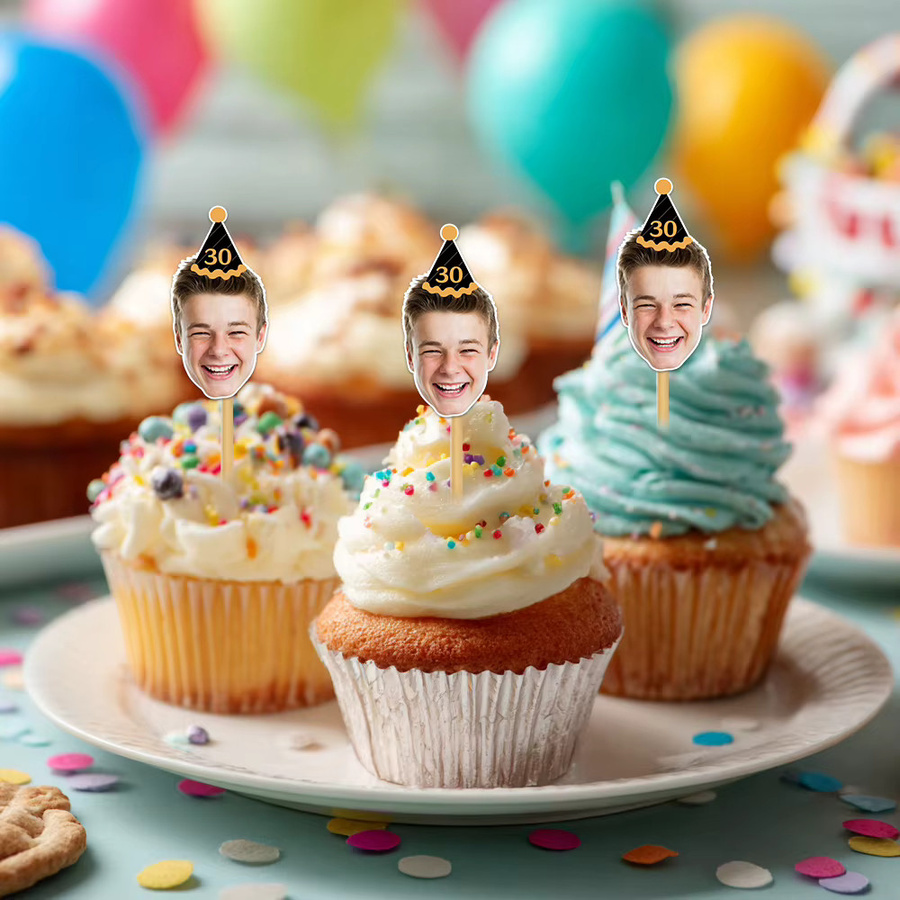 Personalisierter WEIGAO Foto-Geburtstagshut-Kuchenaufsatz aus Papier, bunter Cake Topper mit Gesicht oder Alter für deine Dessertdekoration - Bild 3