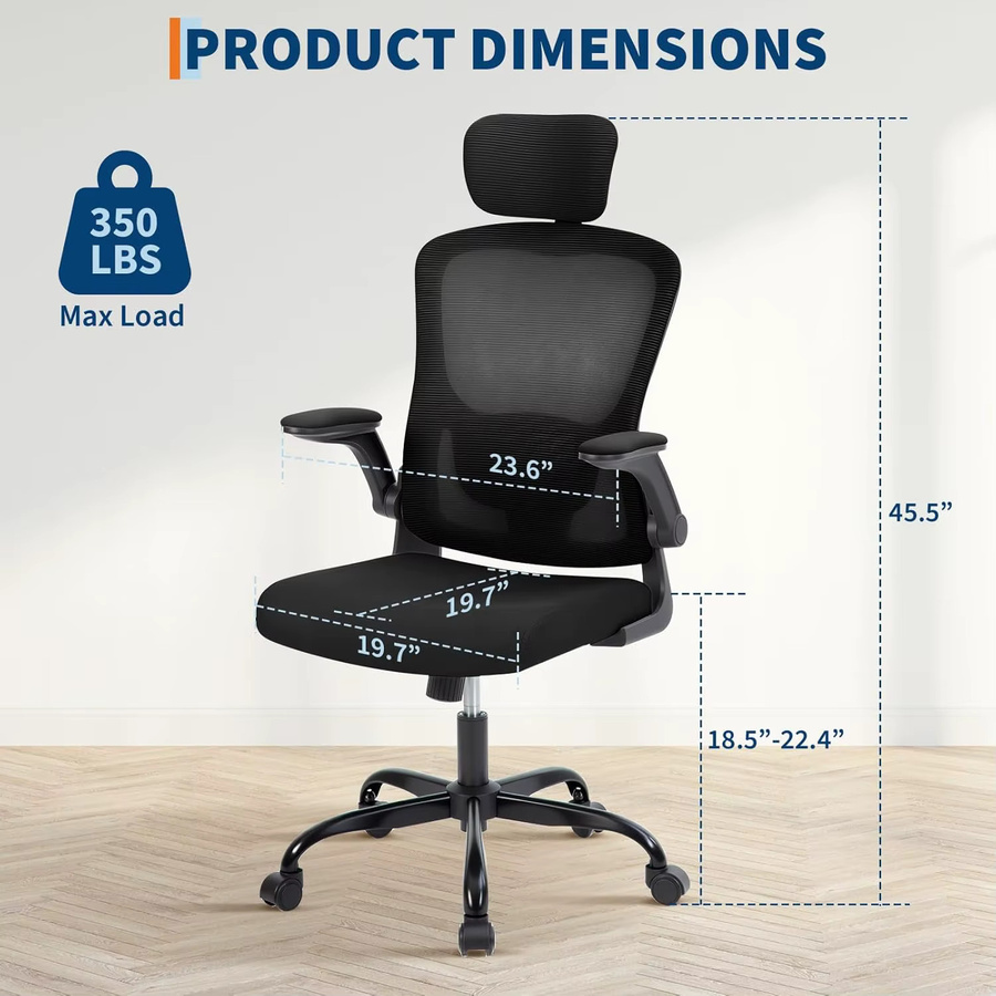 Ergonomischer HobbyLane Bürostuhl aus Netzstoff in Schwarz mit hoher Rückenlehne, verstellbarer Kopfstütze und Lordosenstütze - Bild 2
