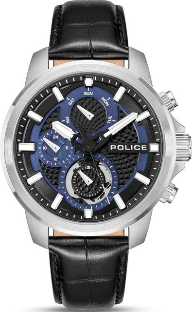 Police Herrenuhr Newport, Quarz, Edelstahl, Leder, Blau, 43 mm - Bild 1