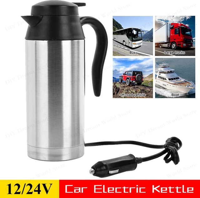 ATUOTIN Elektrischer Wasserkocher aus Edelstahl für Auto und Lkw, 12V/24V Reise-Warmwasserbereiter für Tee und Kaffee, Farbe: Silber, Volumen: 300-750 ml - Bild 1
