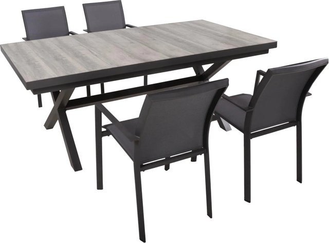 DELUKE Garten-Sitzgruppe JANA 5-teiliges Gartenmöbel-Set aus Aluminium und Keramik in Eiche-Optik Grau mit Esstisch und Stapelstühlen - Bild 1