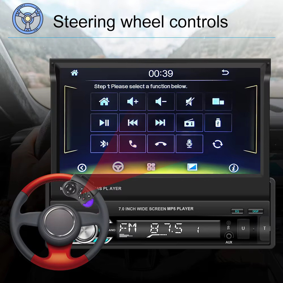 Podofo 1Din Autoradio mit 7 Zoll einziehbarem Bildschirm, Bluetooth, Carplay, Android Auto, MP5 Multimedia-Player und Mirror Link in Schwarz - Bild 4