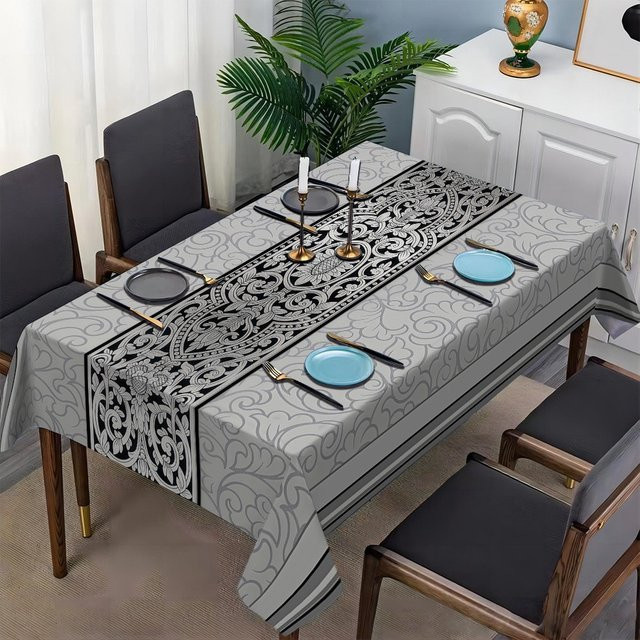 VIKAMA Rechteckige Tischdecke aus Leinen in Grau und Schwarz im modernen nordischen Design - Bild 1