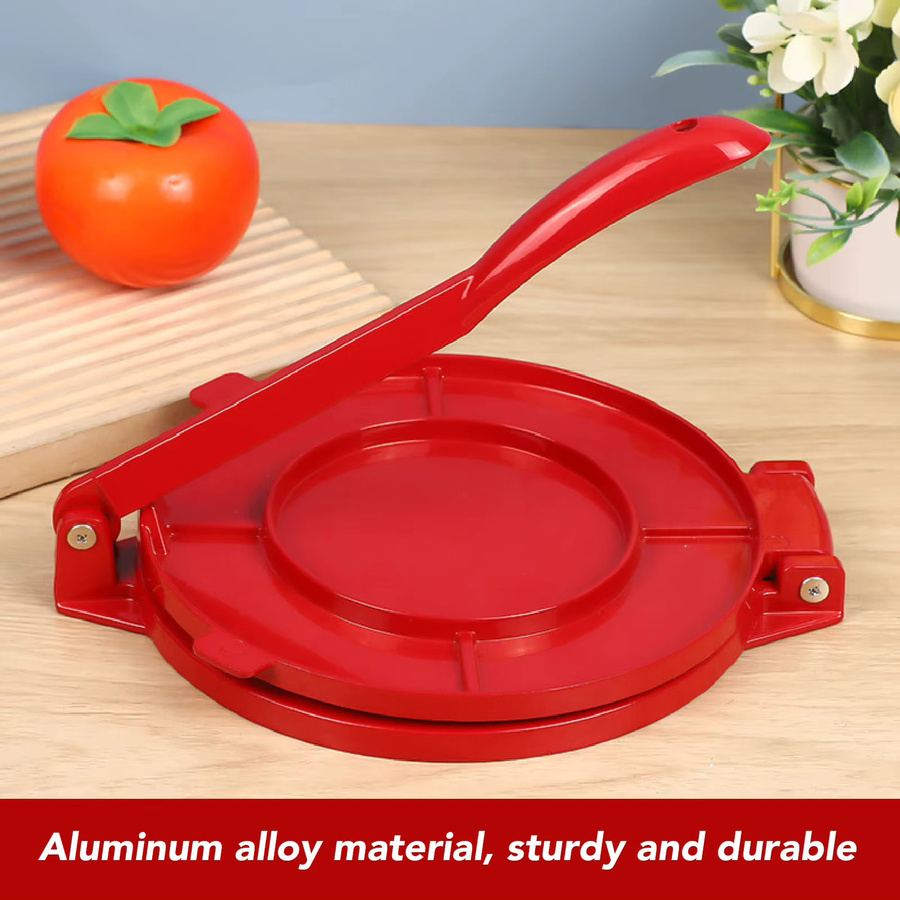 Qiilu Manuelle Tortilla-Presse aus Aluminiumlegierung in Rot für Fladenbrot und Teig, Durchmesser: 25 cm - Bild 3