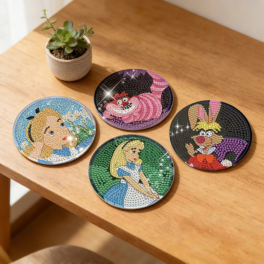 Potdemiel DIY Diamant-Malerei Untersetzer Set mit Halter, 8-teiliges Alice im Wunderland Cartoon-Prinzessinnen Set, Mehrfarbig - Bild 3