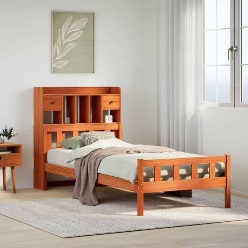 Massivholzbett aus Kiefer mit Regal in Braun von vidaxl, B/H: 75 x 190 cm - Bild 1