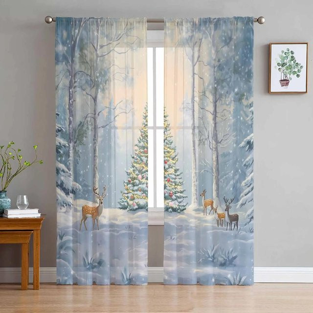 Transparente Tüll-Vorhänge mit Rentier-Motiv für Weihnachten und Winter, Farbe Grau, Breite: 135 cm, Höhe: 115 cm - Bild 1