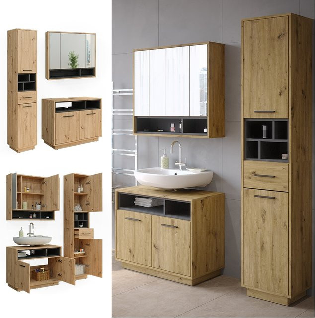 Vicco Badmöbel-Set Beatrice in Eiche und Anthrazit, modernes 3-teiliges Badezimmer-Set bestehend aus Spiegelschrank, Waschtischunterschrank und Hochschrank - Bild 1