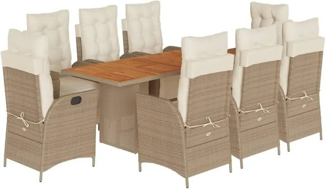 vidaXL 9-teilige Garten-Essgruppe aus Akazienholz und PE-Rattan in Beige mit Kissen - Bild 1