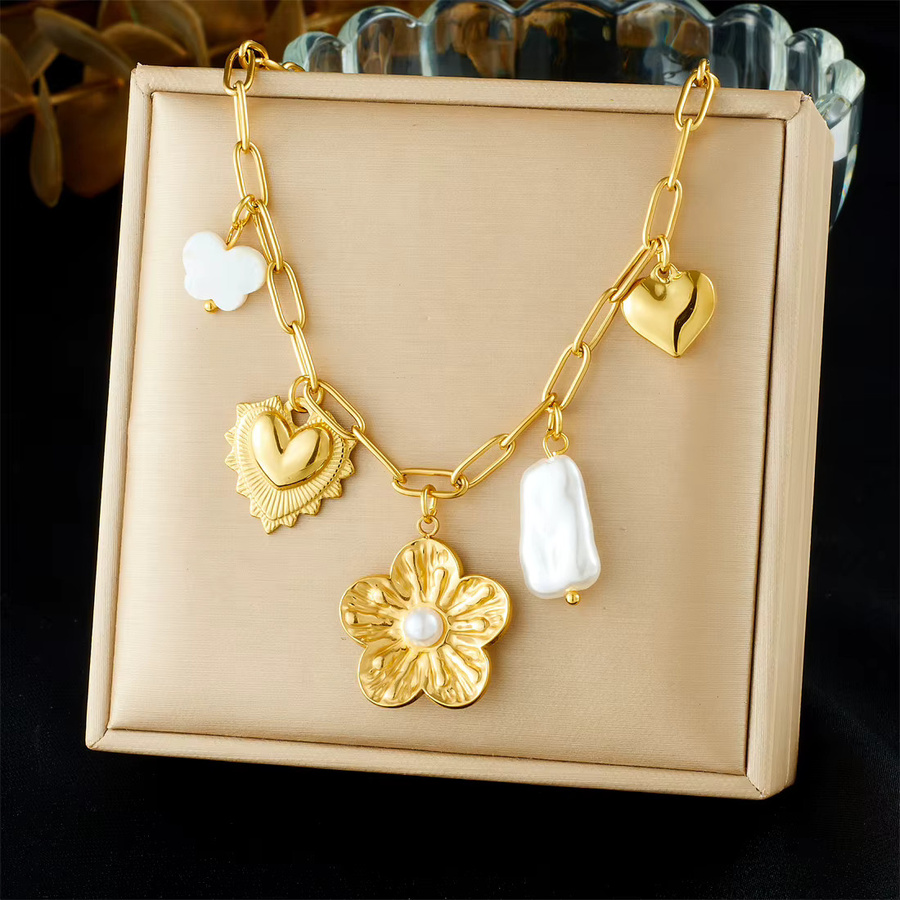 DIEYURO Halskette Edelstahl, Perle, Blume Schmetterling Herz, Damen, Gold - Bild 3