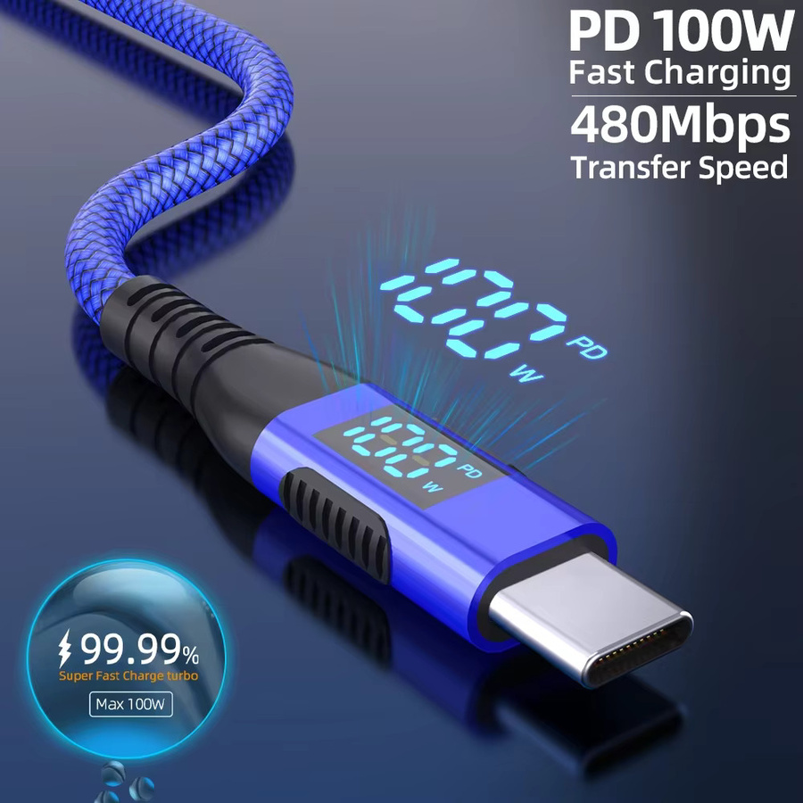 LAIHONEN USB C auf USB C Kabel mit LED-Anzeige, geflochtenes Nylon PD Schnellladekabel für iPhone 15 Pro und Samsung, Blau, 100 W - Bild 2