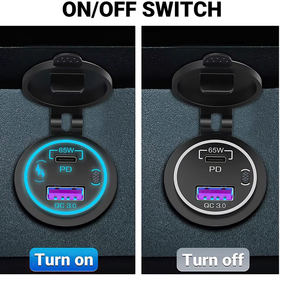 Velev 85W USB-Autoladegerät mit PD Typ C und QC 3.0, wasserdichtes Schnellladegerät in Schwarz für 12V 24V Auto, LKW und Boot - Bild 4