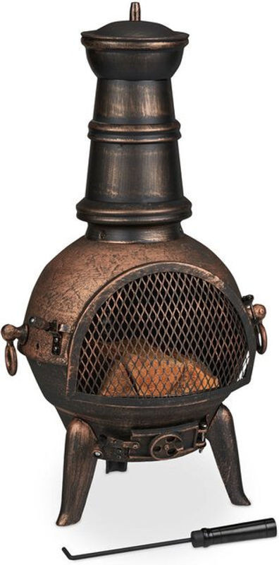 Relaxdays Aztekenofen aus Gusseisen für den Garten mit Schürhaken und Funkenschutz, H x B x T: 86 x 46 x 38 cm, Bronze - Bild 1