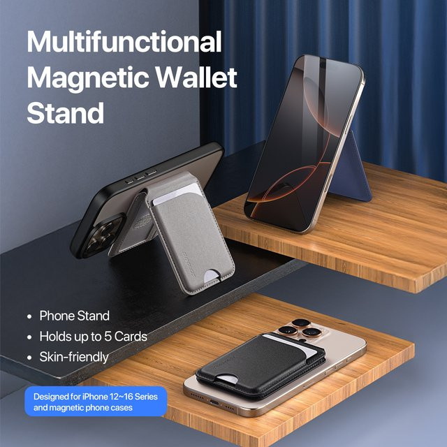 DUX DUCIS Magnetische Kartenhülle mit Ständer und Kreditkartenhalter aus PU-Leder für iPhone 16 Pro Max, iPhone 15 Plus, iPhone 14, iPhone 13 und iPhone 12 in Schwarz oder Grau - Bild 1