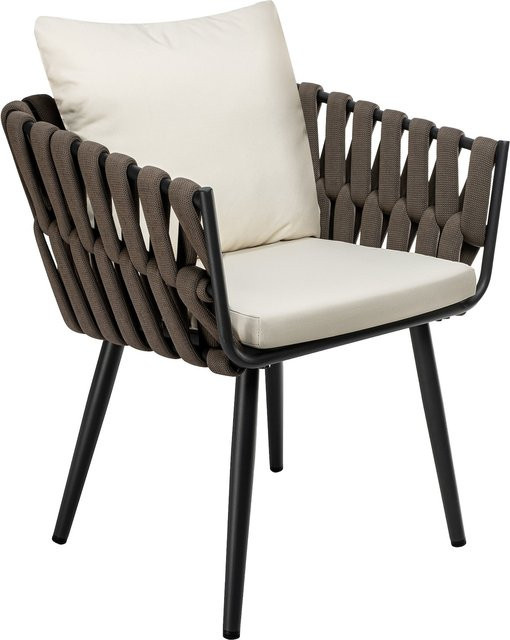 CLP Gartenstuhl Lombardia mit Sitzkissen in Taupe, moderner Geflechtstuhl aus Metall und Rattan mit Armlehnen für Terrasse oder Balkon - Bild 1