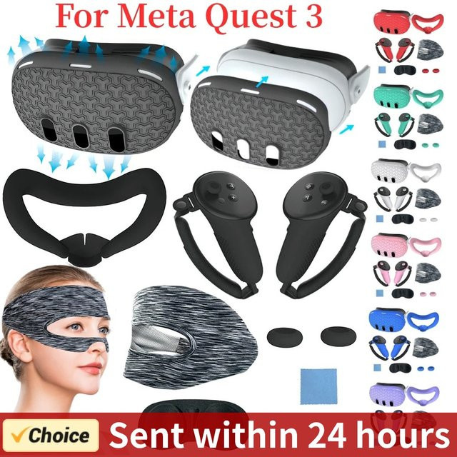 VAKIND 7-teiliges Zubehör-Set für Meta Quest 3 mit Objektivschutz, VR-Schutzhülle und Controller-Griffen in Rot und Schwarz - Bild 1