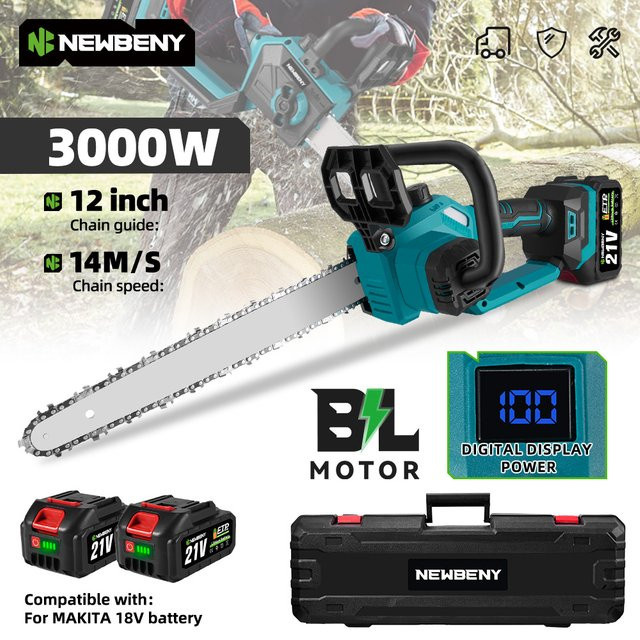 NEWBENY 12-Zoll bürstenlose kabellose elektrische Kettensäge mit Digitalanzeige für Makita-Akkus - Bild 1